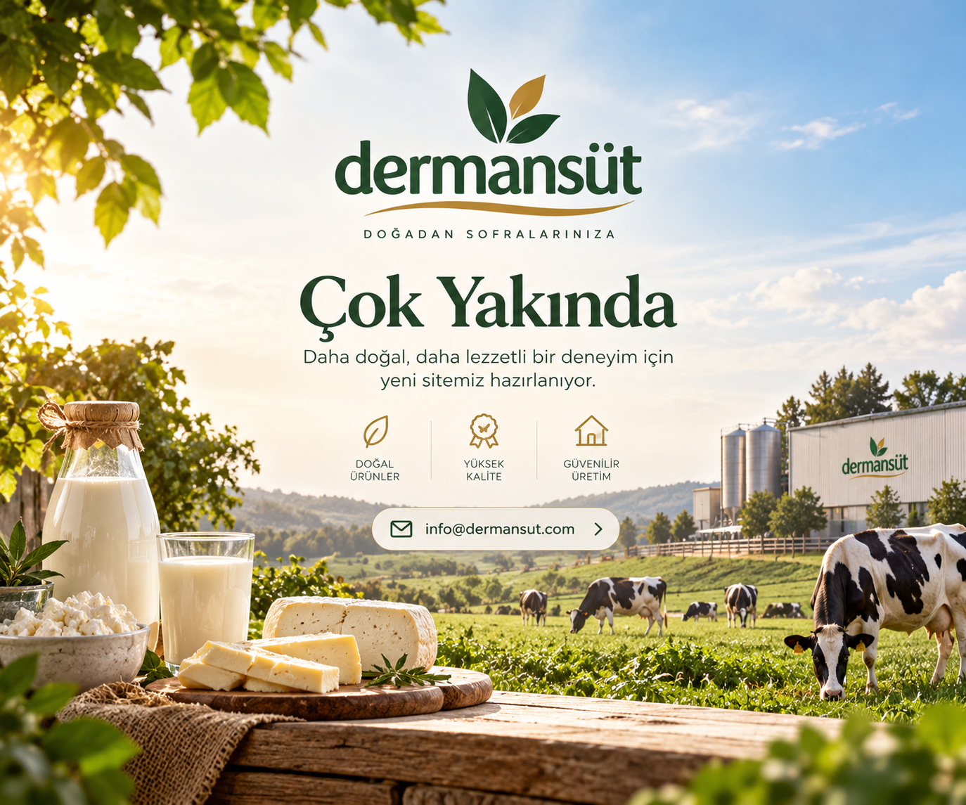 DermanSüt çok yakında sayfası: inekler, yeşil meralar ve süt ürünleriyle doğal çiftlik manzarası